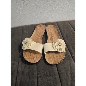 Isla Bonita Womens Slide Sandals Size 8 Cream Floral Faux Wood Grain Rhinestone